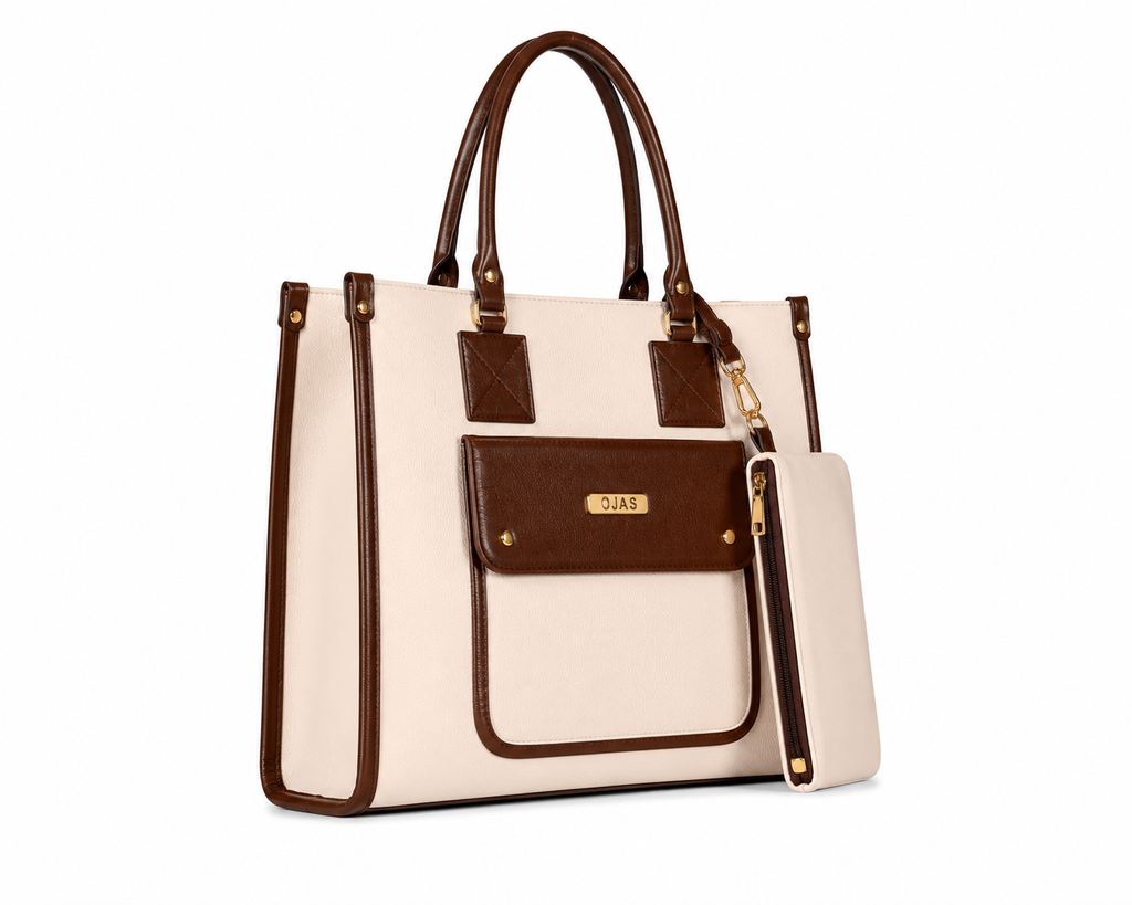 OJAS Executive Tote - Spacious and Premium Laptop Tote bag - Beige & Brown